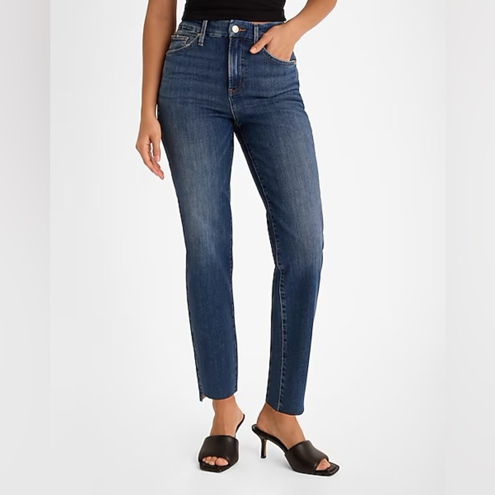 COPY - Express High Waisted Dark Wash FlexX Raw Hem Straight Ankle Jeans NWT Si…